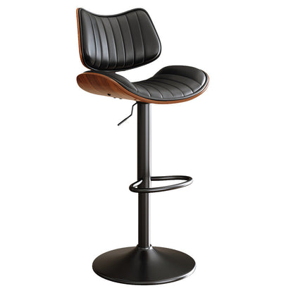 Contemporary Luxury Curved Rectangular Solid Wood PU Leather Iron Steel Swivel Height-Adjustable Bar Stool Backrest Armless For Dining Room & Kitchen