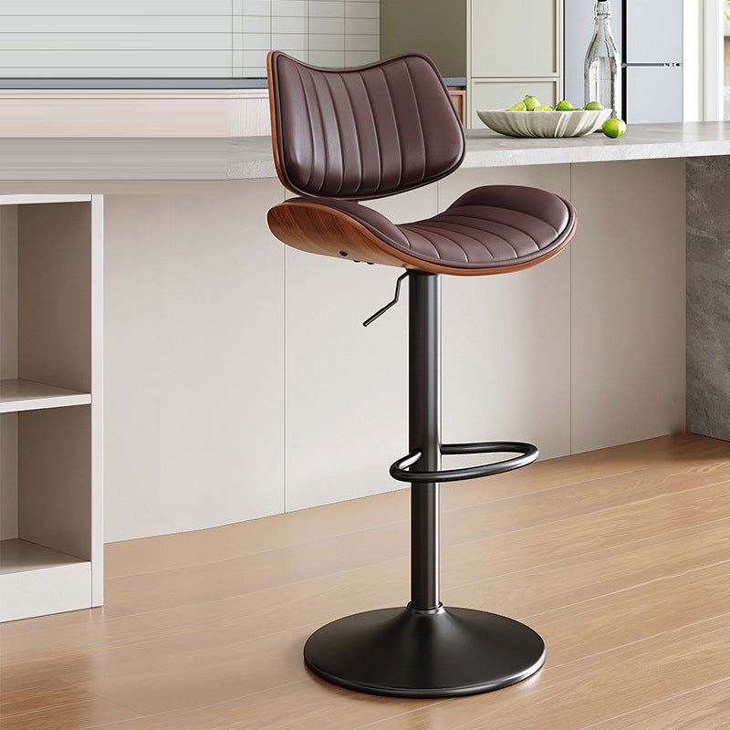 Contemporary Luxury Curved Rectangular Solid Wood PU Leather Iron Steel Swivel Height-Adjustable Bar Stool Backrest Armless For Dining Room & Kitchen