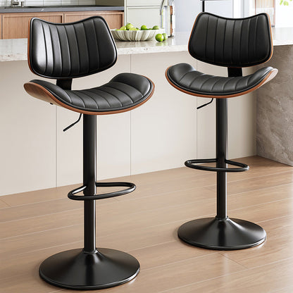 Contemporary Luxury Curved Rectangular Solid Wood PU Leather Iron Steel Swivel Height-Adjustable Bar Stool Backrest Armless For Dining Room & Kitchen
