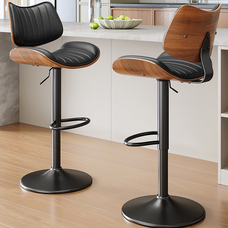 Contemporary Luxury Curved Rectangular Solid Wood PU Leather Iron Steel Swivel Height-Adjustable Bar Stool Backrest Armless For Dining Room & Kitchen