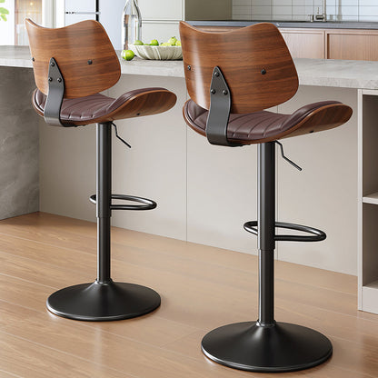 Contemporary Luxury Curved Rectangular Solid Wood PU Leather Iron Steel Swivel Height-Adjustable Bar Stool Backrest Armless For Dining Room & Kitchen