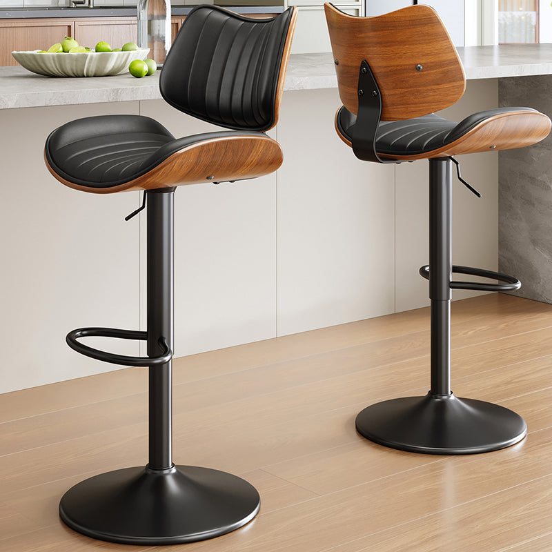Contemporary Luxury Curved Rectangular Solid Wood PU Leather Iron Steel Swivel Height-Adjustable Bar Stool Backrest Armless For Dining Room & Kitchen
