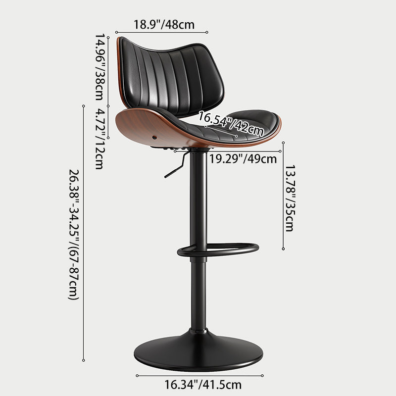 Contemporary Luxury Curved Rectangular Solid Wood PU Leather Iron Steel Swivel Height-Adjustable Bar Stool Backrest Armless For Dining Room & Kitchen