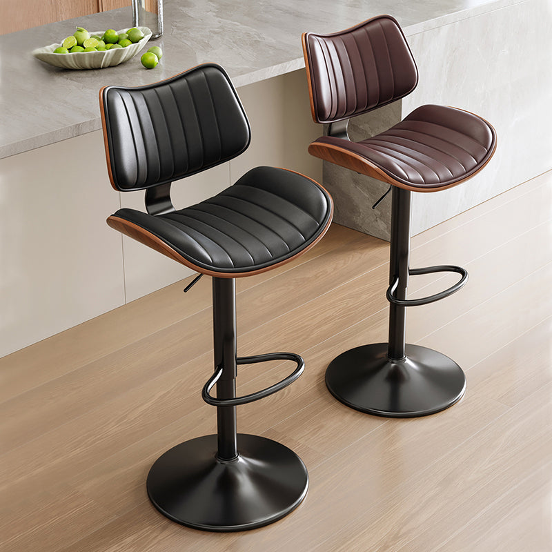 Contemporary Luxury Curved Rectangular Solid Wood PU Leather Iron Steel Swivel Height-Adjustable Bar Stool Backrest Armless For Dining Room & Kitchen