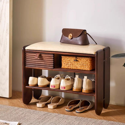 Traditional Vintage Rectangular PU Leather Rubberwood Solid Multi-Layer Plywood Shoe Bench 3-Tier For Entryway