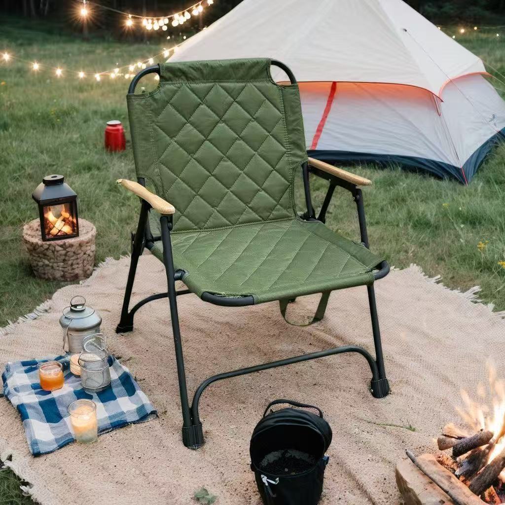 Modern Minimalist Rectangular Diamond-Pattern Carbon Steel Oxford Fabric Beech Wood Folding Camping Chair Backrest Armrest For Garden