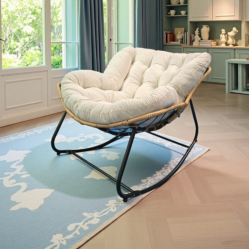 Modern Minimalist Curved Bird's Nest Carbon Steel Linen-Blend Synthetic Fabric PE Rattan Rocking Chair Backrest Armless For Living Room