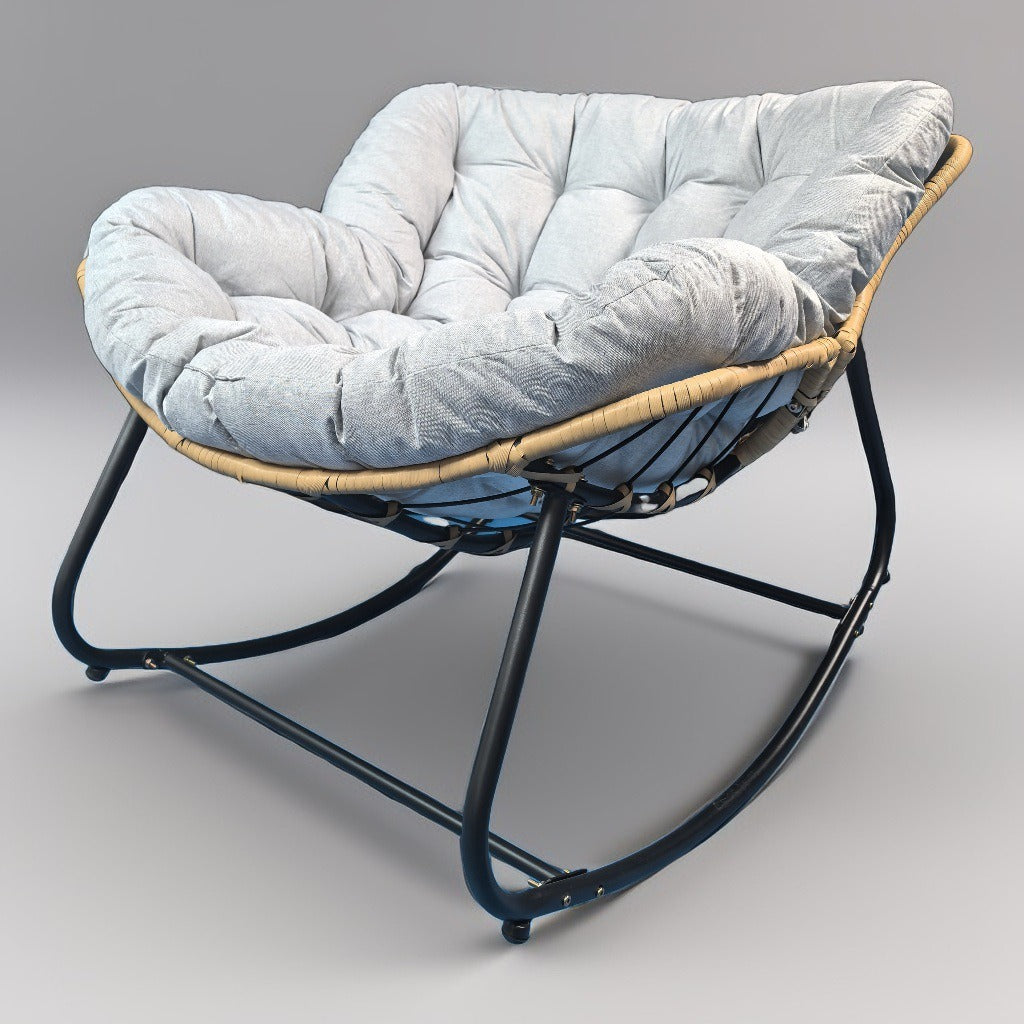 Modern Minimalist Curved Bird's Nest Carbon Steel Linen-Blend Synthetic Fabric PE Rattan Rocking Chair Backrest Armless For Living Room