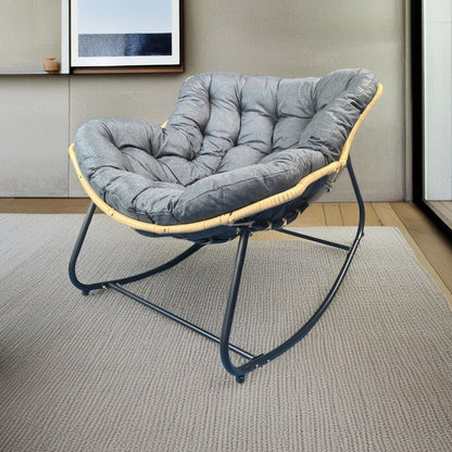 Modern Minimalist Curved Bird's Nest Carbon Steel Linen-Blend Synthetic Fabric PE Rattan Rocking Chair Backrest Armless For Living Room