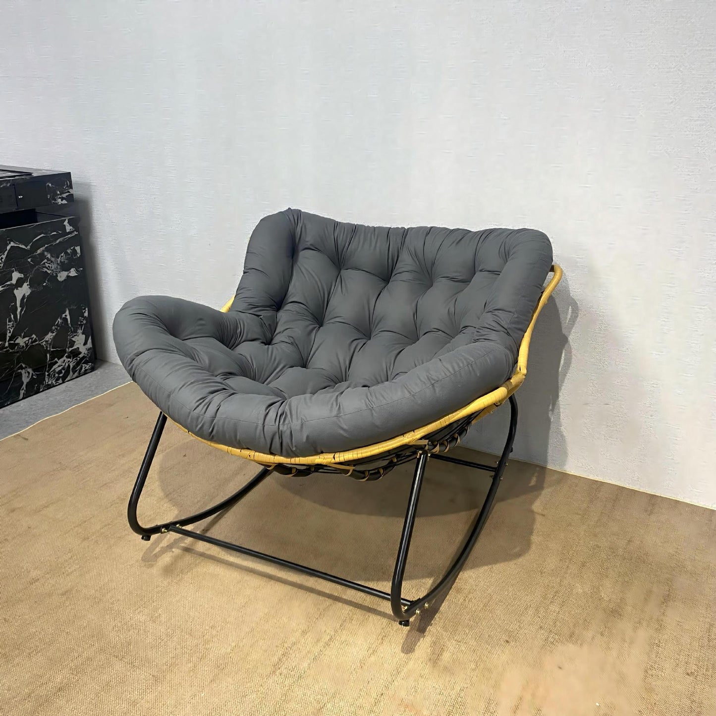 Modern Minimalist Curved Bird's Nest Carbon Steel Linen-Blend Synthetic Fabric PE Rattan Rocking Chair Backrest Armless For Living Room