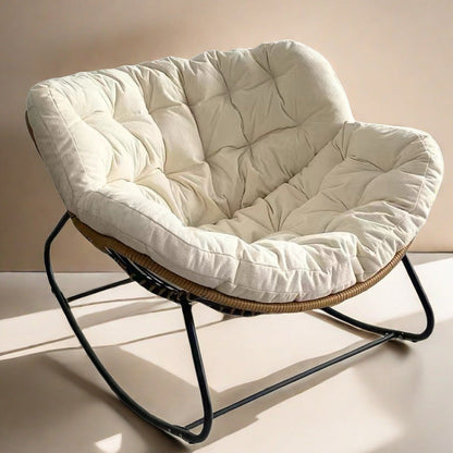Modern Minimalist Curved Bird's Nest Carbon Steel Linen-Blend Synthetic Fabric PE Rattan Rocking Chair Backrest Armless For Living Room