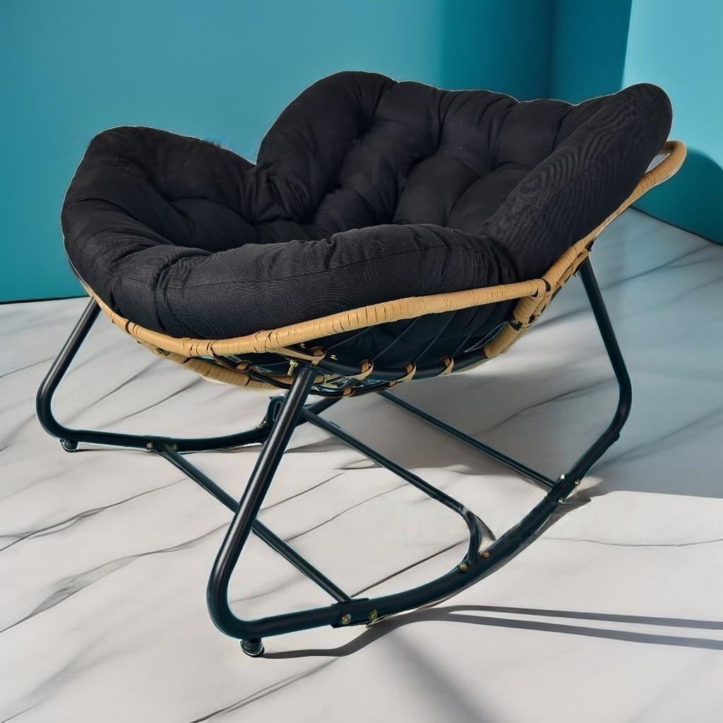 Modern Minimalist Curved Bird's Nest Carbon Steel Linen-Blend Synthetic Fabric PE Rattan Rocking Chair Backrest Armless For Living Room