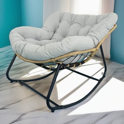 Modern Minimalist Curved Bird's Nest Carbon Steel Linen-Blend Synthetic Fabric PE Rattan Rocking Chair Backrest Armless For Living Room
