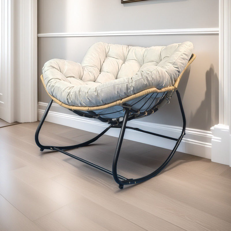 Modern Minimalist Curved Bird's Nest Carbon Steel Linen-Blend Synthetic Fabric PE Rattan Rocking Chair Backrest Armless For Living Room