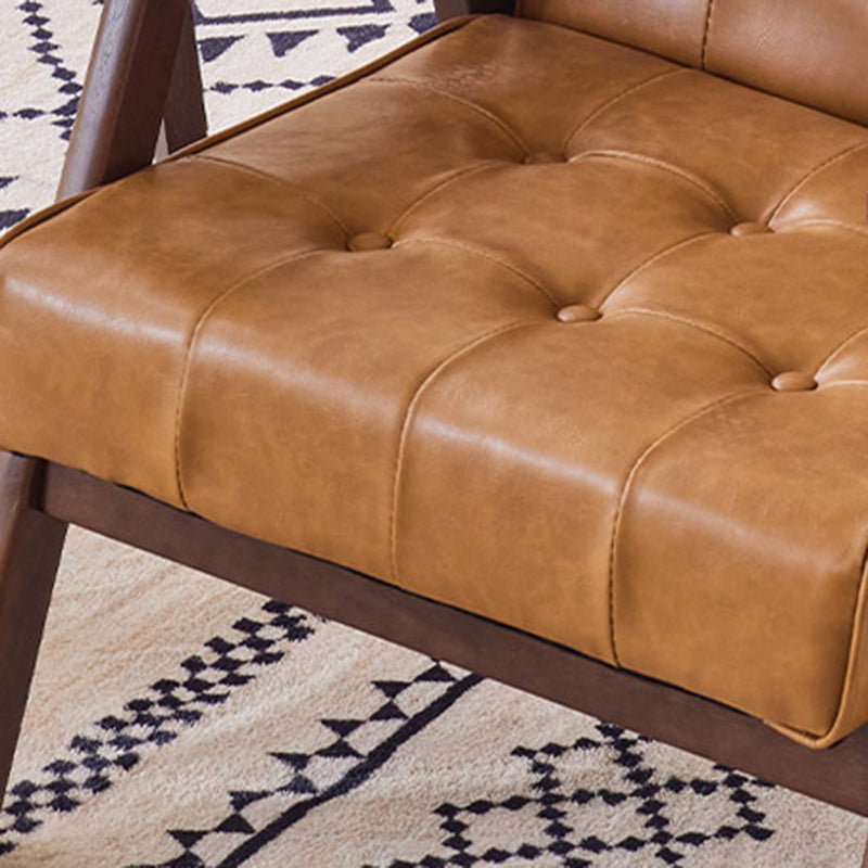 Traditional Vintage Rectangular Faux Oil-Waxed Leather Solid Wood Accent Chair Backrest Armrest For Living Room