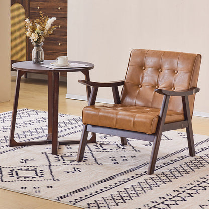 Traditional Vintage Rectangular Faux Oil-Waxed Leather Solid Wood Accent Chair Backrest Armrest For Living Room