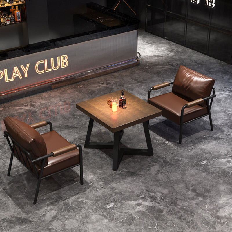Contemporary Industrial Rectangular PU Leather Carbon Steel Solid Pine Wood Dining Table & Chair Backrest Armrest for Dining Room