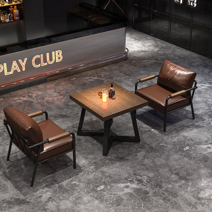 Contemporary Industrial Rectangular PU Leather Carbon Steel Solid Pine Wood Dining Table & Chair Backrest Armrest for Dining Room