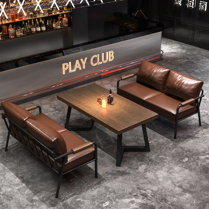 Contemporary Industrial Rectangular PU Leather Carbon Steel Solid Pine Wood Dining Table & Chair Backrest Armrest for Dining Room