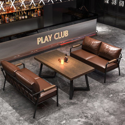 Contemporary Industrial Rectangular PU Leather Carbon Steel Solid Pine Wood Dining Table & Chair Backrest Armrest for Dining Room