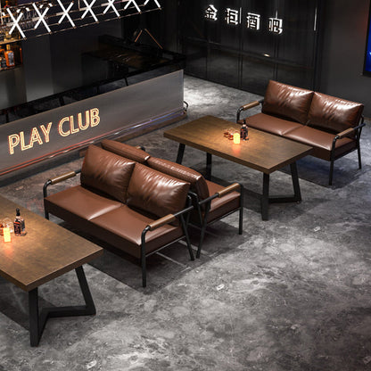 Contemporary Industrial Rectangular PU Leather Carbon Steel Solid Pine Wood Dining Table & Chair Backrest Armrest for Dining Room