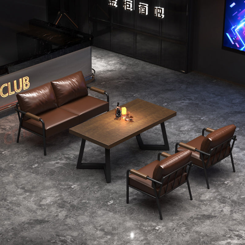 Contemporary Industrial Rectangular PU Leather Carbon Steel Solid Pine Wood Dining Table & Chair Backrest Armrest for Dining Room