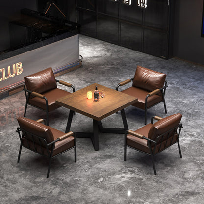 Contemporary Industrial Rectangular PU Leather Carbon Steel Solid Pine Wood Dining Table & Chair Backrest Armrest for Dining Room