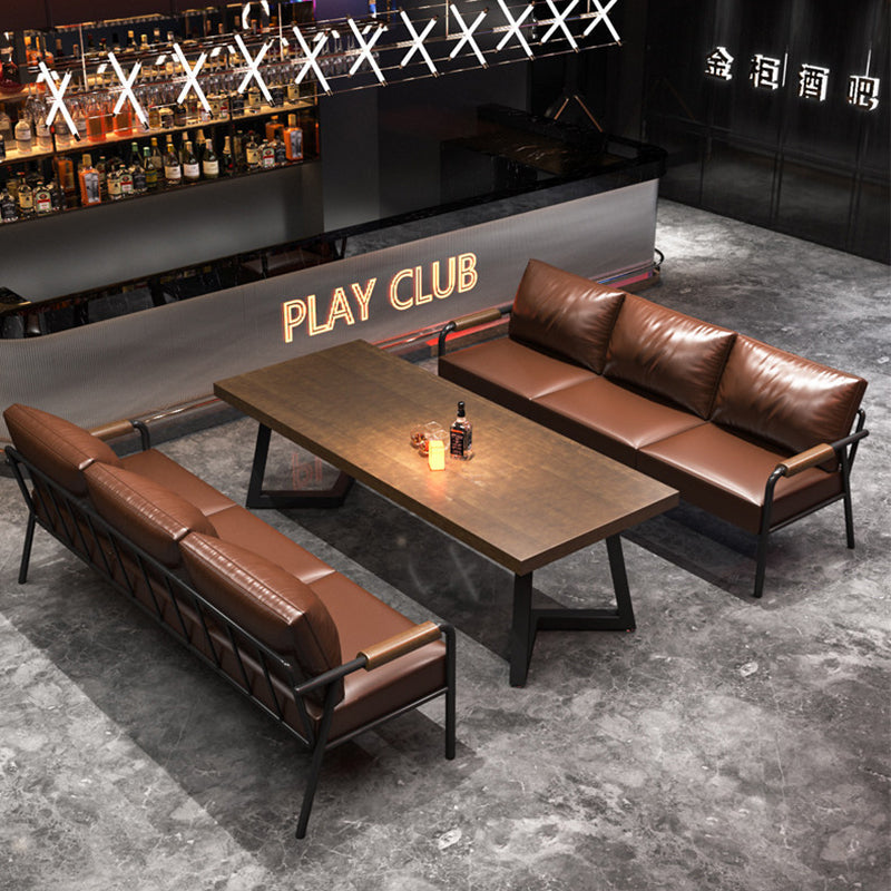 Contemporary Industrial Rectangular PU Leather Carbon Steel Solid Pine Wood Dining Table & Chair Backrest Armrest for Dining Room