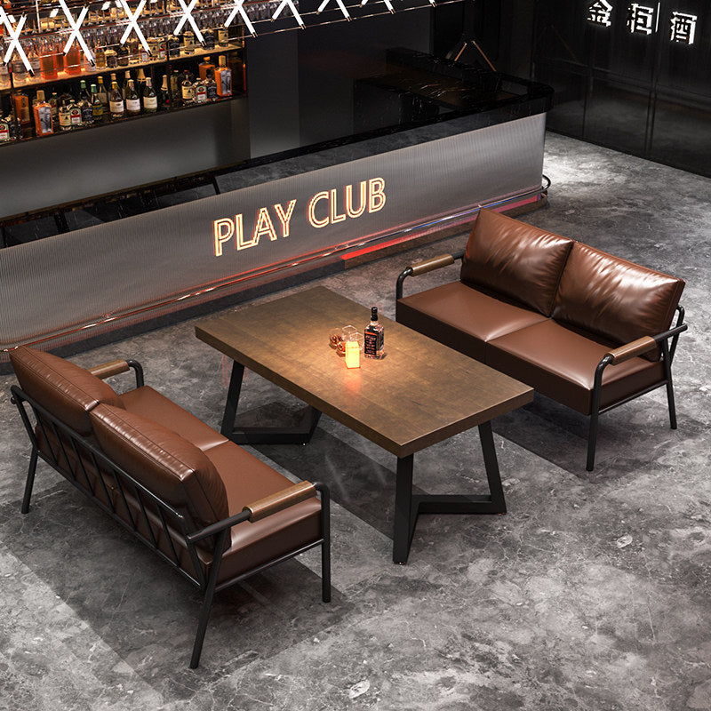 Contemporary Industrial Rectangular PU Leather Carbon Steel Solid Pine Wood Dining Table & Chair Backrest Armrest for Dining Room
