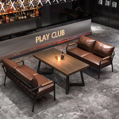 Contemporary Industrial Rectangular PU Leather Carbon Steel Solid Pine Wood Dining Table & Chair Backrest Armrest for Dining Room