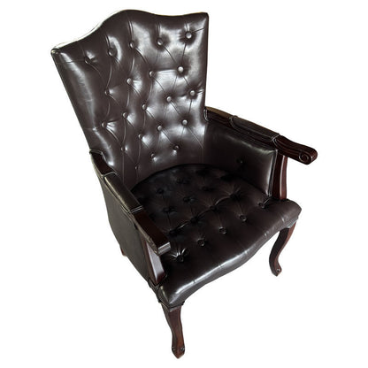 Traditional Vintage Rectangular Faux Oil-Waxed Leather Rubberwood Pine Wood Accent Chair Backrest Armrest For Living Room