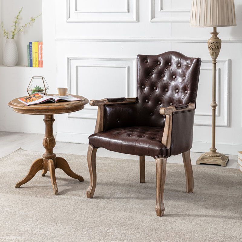 Traditional Vintage Rectangular Faux Oil-Waxed Leather Rubberwood Pine Wood Accent Chair Backrest Armrest For Living Room