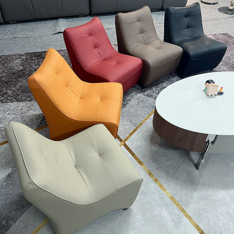 Modern Minimalist Rectangular Curved PU Leather Solid Wood Accent Chair Backrest Armless For Living Room