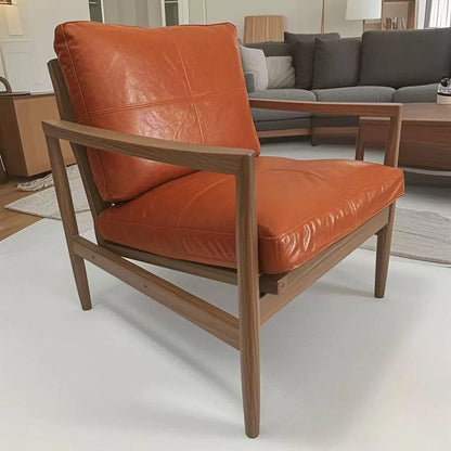 Traditional Vintage Rectangular Faux Oil-Waxed Leather Velvet  Rubberwood Accent Chair Backrest Armrest For Living Room
