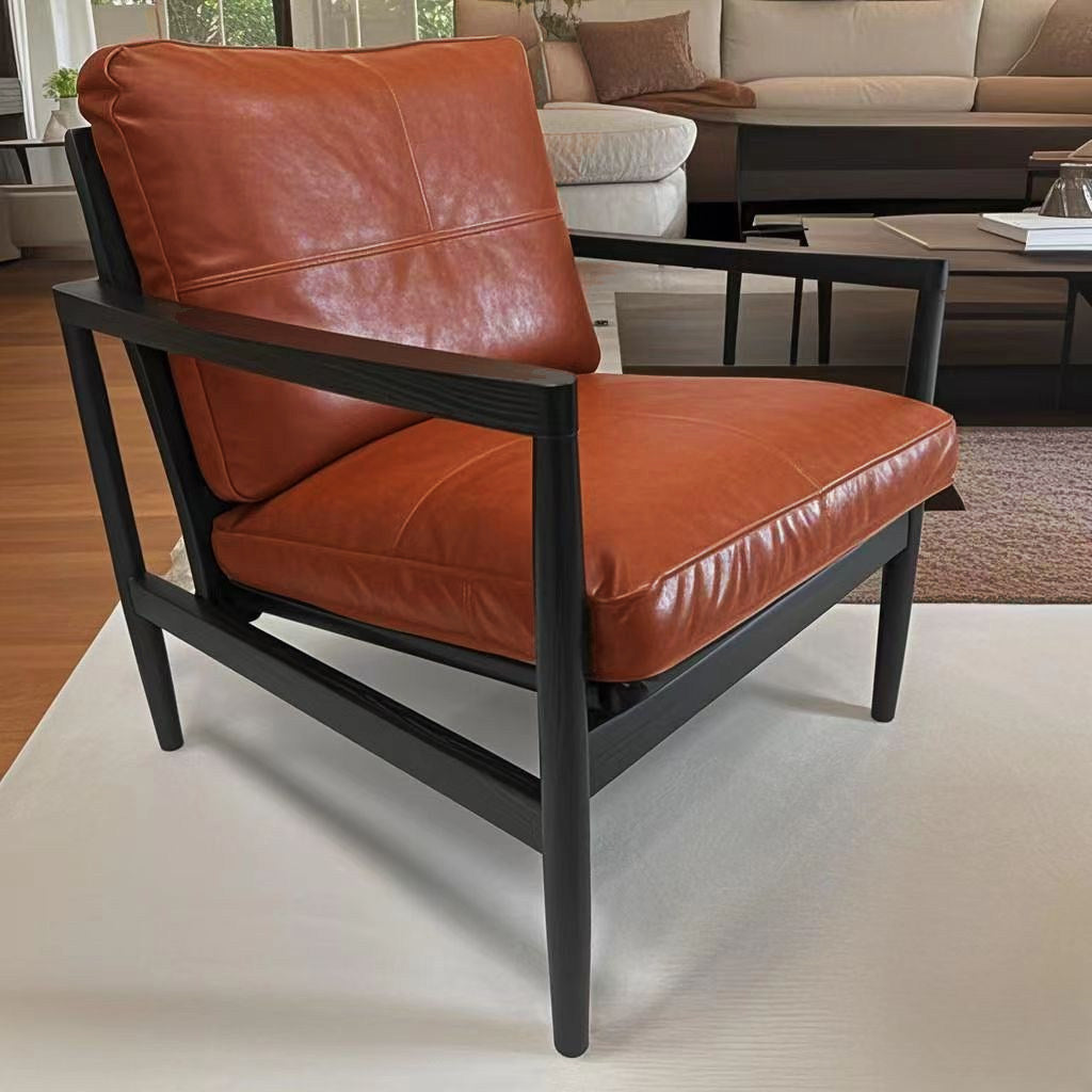 Traditional Vintage Rectangular Faux Oil-Waxed Leather Velvet  Rubberwood Accent Chair Backrest Armrest For Living Room
