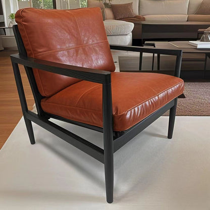 Traditional Vintage Rectangular Faux Oil-Waxed Leather Velvet  Rubberwood Accent Chair Backrest Armrest For Living Room