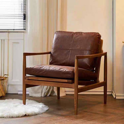 Traditional Vintage Rectangular Faux Oil-Waxed Leather Velvet  Rubberwood Accent Chair Backrest Armrest For Living Room