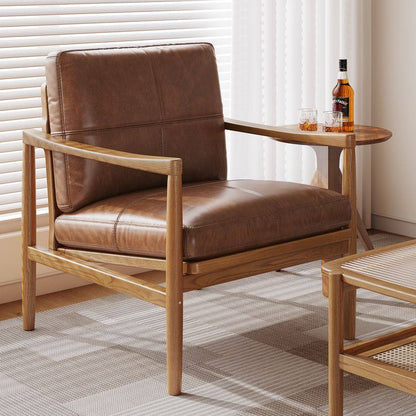 Traditional Vintage Rectangular Faux Oil-Waxed Leather Velvet  Rubberwood Accent Chair Backrest Armrest For Living Room