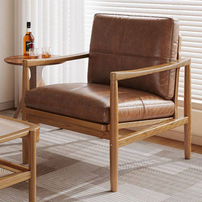 Traditional Vintage Rectangular Faux Oil-Waxed Leather Velvet  Rubberwood Accent Chair Backrest Armrest For Living Room