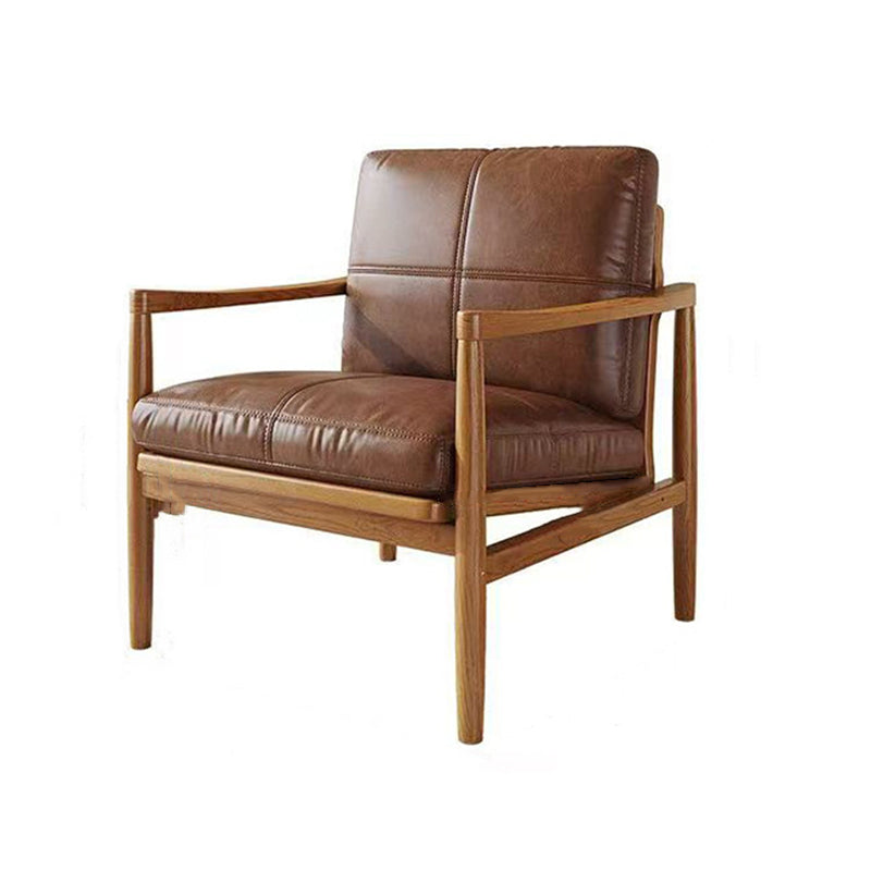 Traditional Vintage Rectangular Faux Oil-Waxed Leather Velvet  Rubberwood Accent Chair Backrest Armrest For Living Room