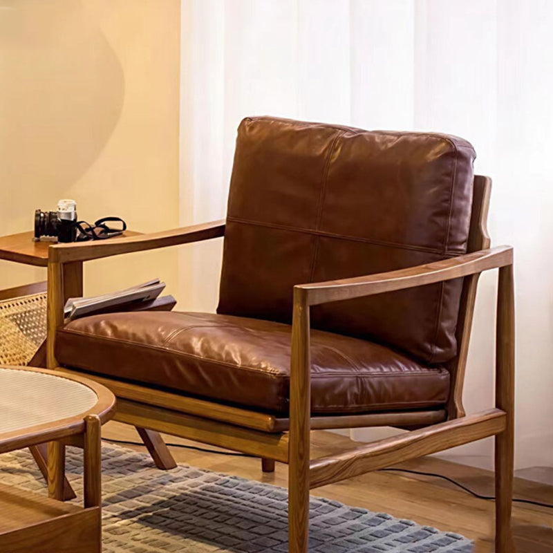 Traditional Vintage Rectangular Faux Oil-Waxed Leather Velvet  Rubberwood Accent Chair Backrest Armrest For Living Room