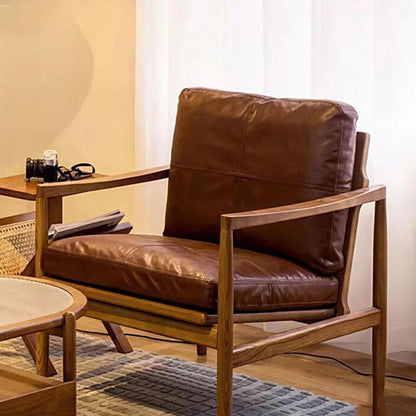 Traditional Vintage Rectangular Faux Oil-Waxed Leather Velvet  Rubberwood Accent Chair Backrest Armrest For Living Room
