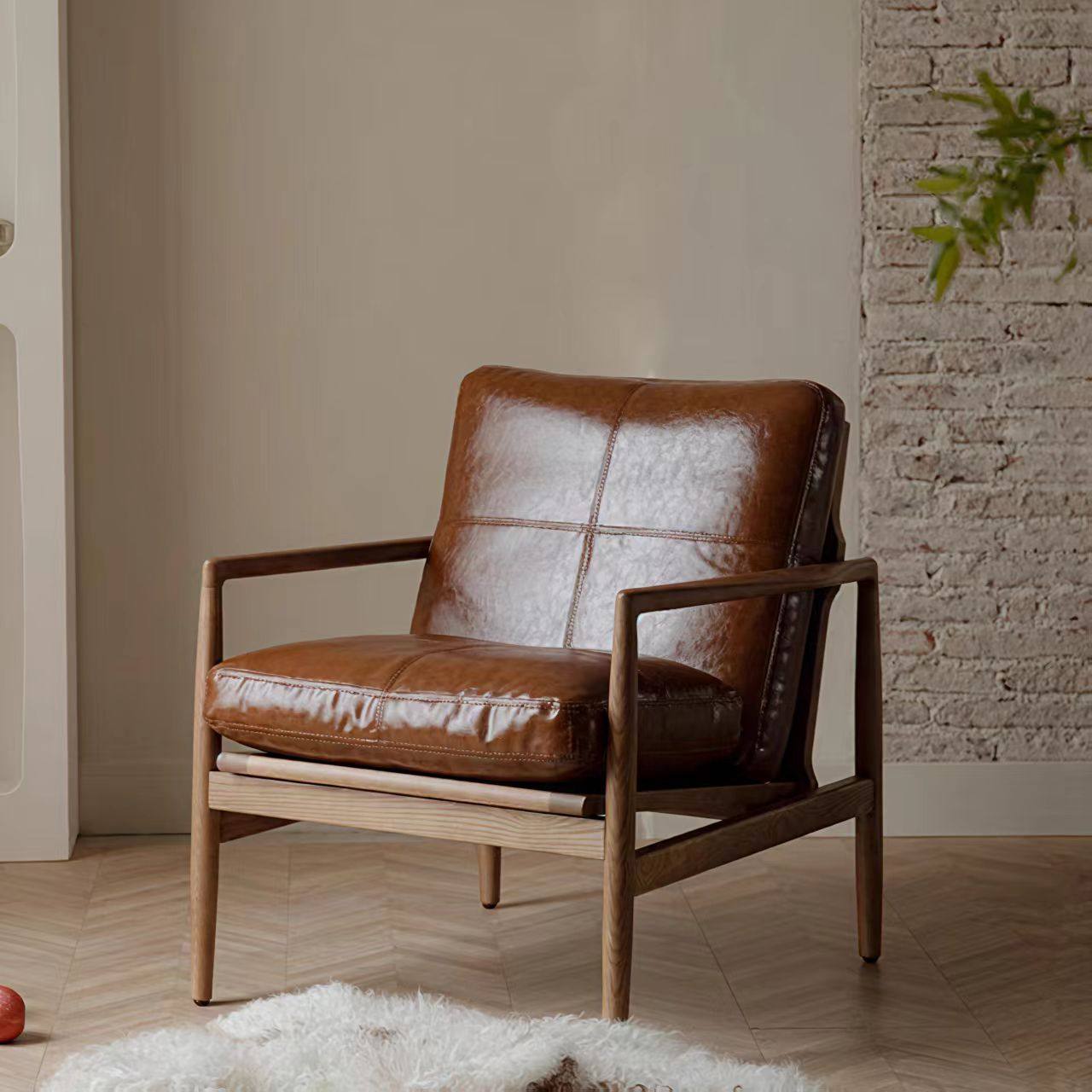 Traditional Vintage Rectangular Faux Oil-Waxed Leather Velvet  Rubberwood Accent Chair Backrest Armrest For Living Room