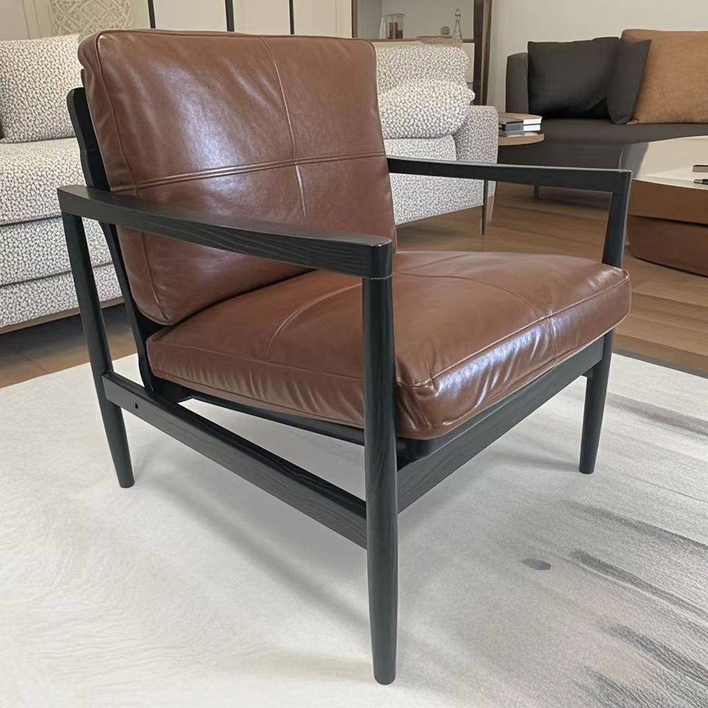 Traditional Vintage Rectangular Faux Oil-Waxed Leather Velvet  Rubberwood Accent Chair Backrest Armrest For Living Room