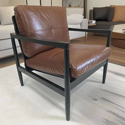 Traditional Vintage Rectangular Faux Oil-Waxed Leather Velvet  Rubberwood Accent Chair Backrest Armrest For Living Room