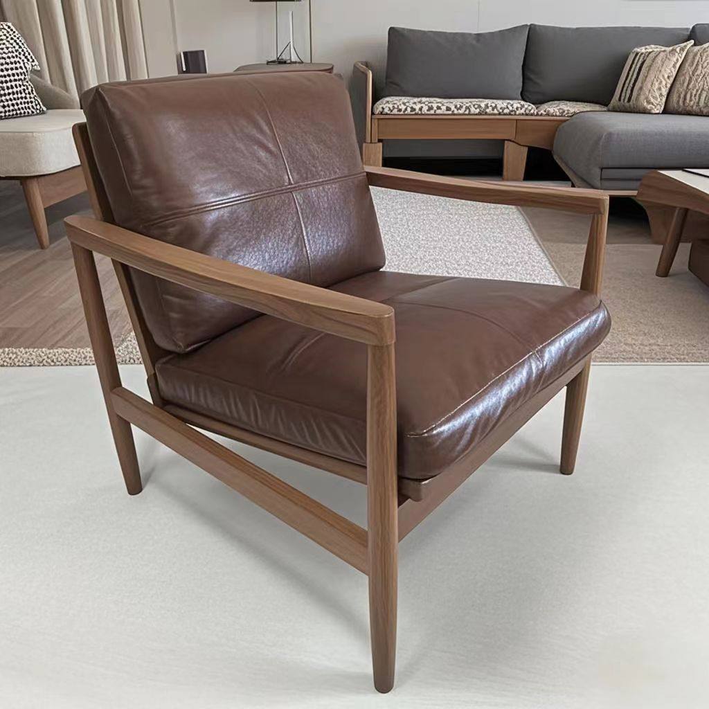 Traditional Vintage Rectangular Faux Oil-Waxed Leather Velvet  Rubberwood Accent Chair Backrest Armrest For Living Room