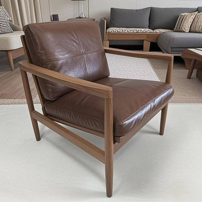 Traditional Vintage Rectangular Faux Oil-Waxed Leather Velvet  Rubberwood Accent Chair Backrest Armrest For Living Room