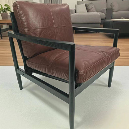 Traditional Vintage Rectangular Faux Oil-Waxed Leather Velvet  Rubberwood Accent Chair Backrest Armrest For Living Room