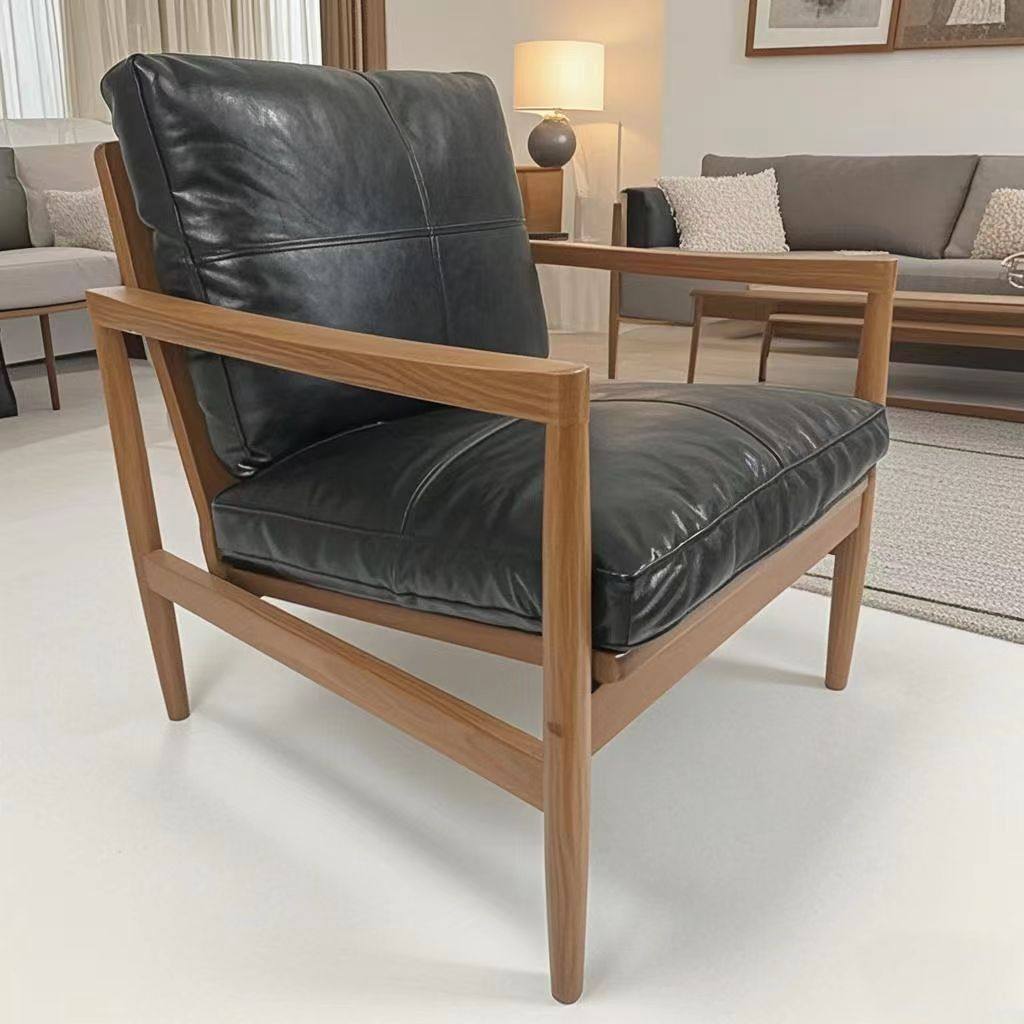 Traditional Vintage Rectangular Faux Oil-Waxed Leather Velvet  Rubberwood Accent Chair Backrest Armrest For Living Room