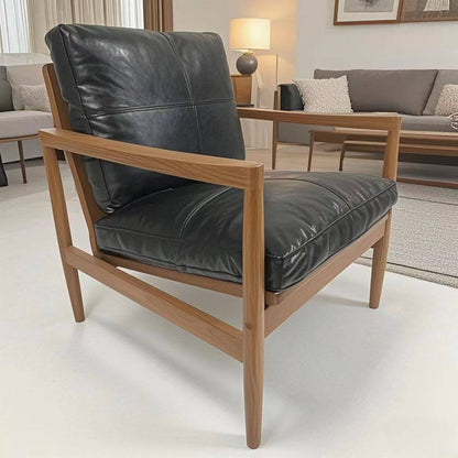 Traditional Vintage Rectangular Faux Oil-Waxed Leather Velvet  Rubberwood Accent Chair Backrest Armrest For Living Room